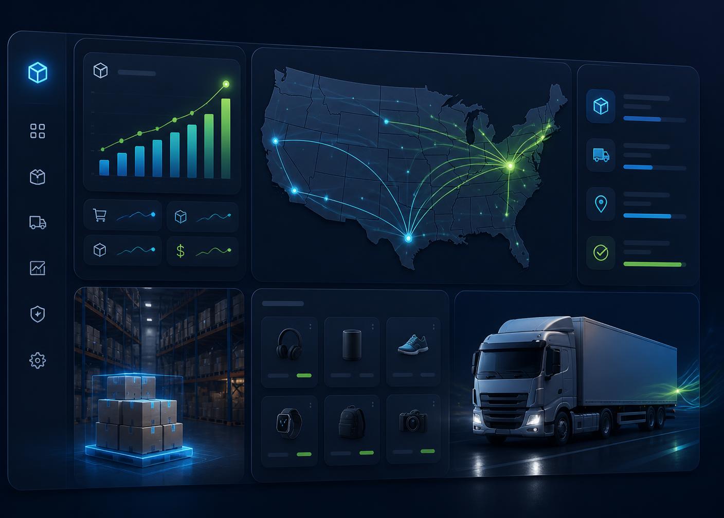 Shamim Shop warehouse dashboard showing US shipping routes, live order analytics, and same-day fulfillment